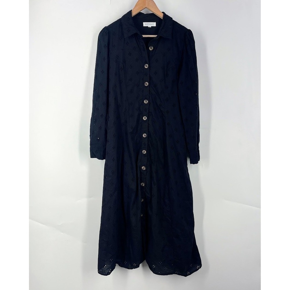 Downeast Womens Black Cotton Eyelet Embroidered Long Sleeve Midi Shirt Dress S